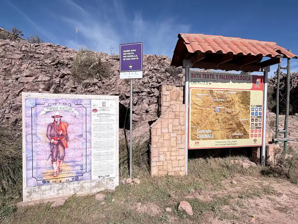 An information board at the entrance to the textile and palaeontology route