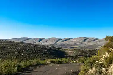 Tilted rock beds running across a wide valley floor under a clear sky